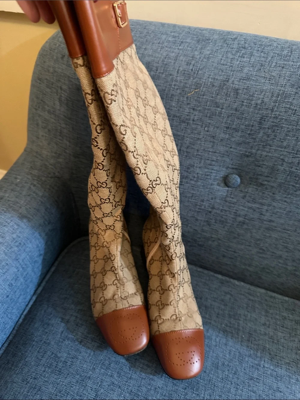 Gucci Beige GG Canvas Knee-High Boots with Brown Trim